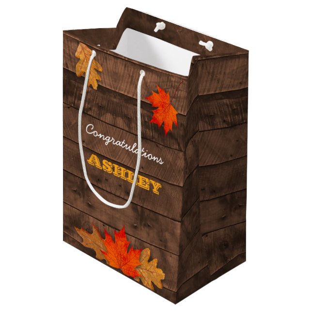 Autumn Leaves & Barnwood Personalized Gift Bag (Front Angled)