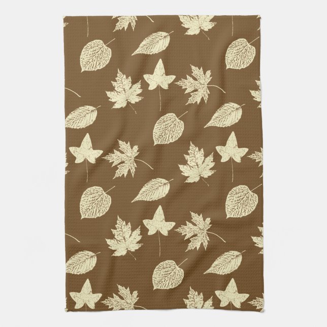 Autumn leaves - beige and chocolate brown  kitchen towel (Vertical)