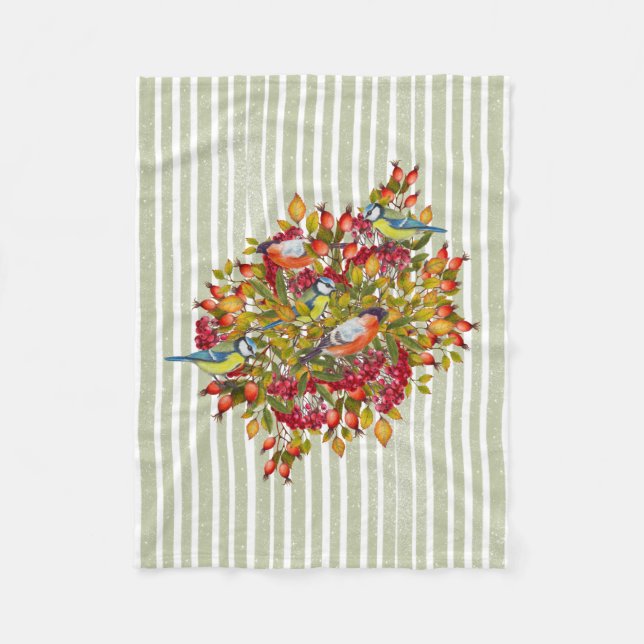 Autumn Leaves Berries and Birds Shabby Stripes Fleece Blanket (Front)