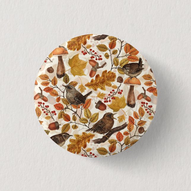 Autumn leaves, berries, mushrooms and wrens 1 inch round button (Front)
