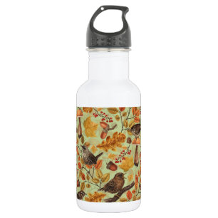Autumn leaves, berries, mushrooms and wrens 532 ml water bottle