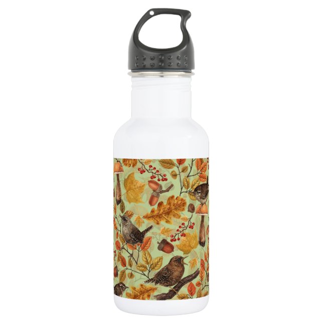 Autumn leaves, berries, mushrooms and wrens 532 ml water bottle (Front)