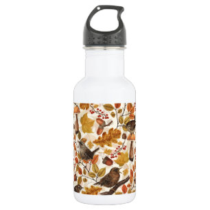 Autumn leaves, berries, mushrooms and wrens 532 ml water bottle