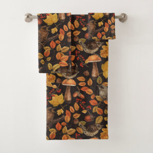 Autumn leaves, berries, mushrooms and wrens bath towel set