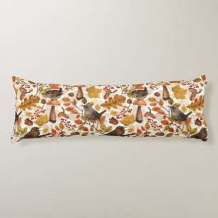 Autumn leaves, berries, mushrooms and wrens body pillow