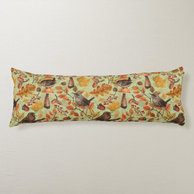Autumn leaves, berries, mushrooms and wrens body pillow (Front)
