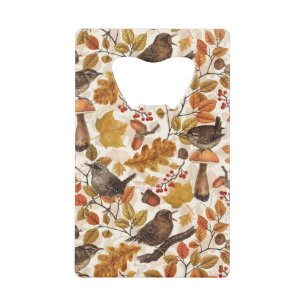 Autumn leaves, berries, mushrooms and wrens credit card bottle opener