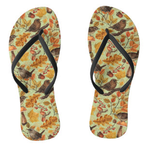 Autumn leaves, berries, mushrooms and wrens flip flops