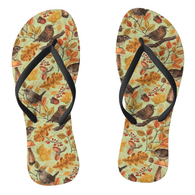 Autumn leaves, berries, mushrooms and wrens flip flops (Footbed)