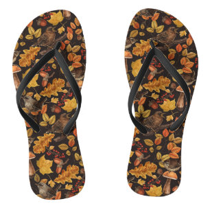 Autumn leaves, berries, mushrooms and wrens flip flops