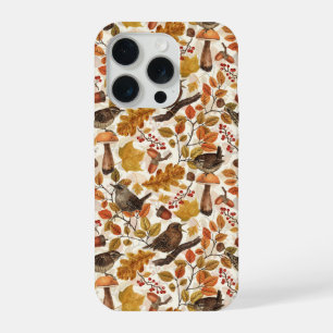 Autumn leaves, berries, mushrooms and wrens iPhone 15 pro case