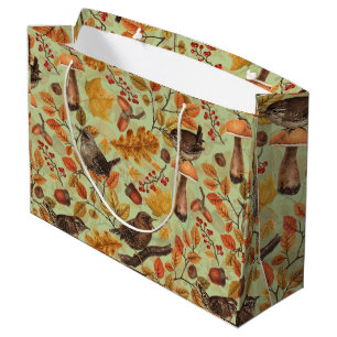 Autumn leaves, berries, mushrooms and wrens large gift bag