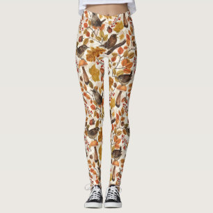 Autumn leaves, berries, mushrooms and wrens leggings