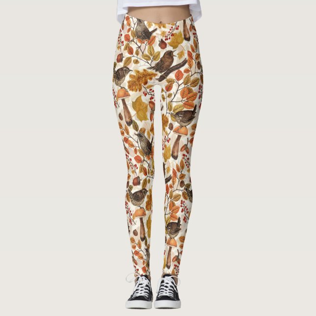 Autumn leaves, berries, mushrooms and wrens leggings (Front)