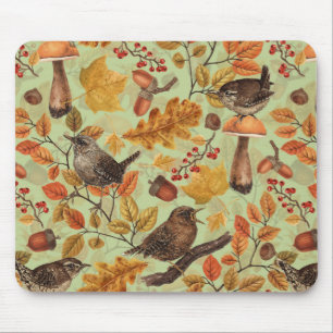Autumn leaves, berries, mushrooms and wrens mouse pad