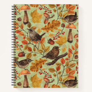 Autumn leaves, berries, mushrooms and wrens notebook