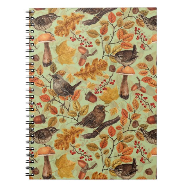 Autumn leaves, berries, mushrooms and wrens notebook (Front)