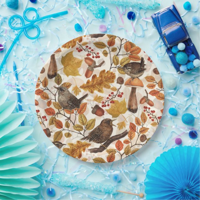 Autumn leaves, berries, mushrooms and wrens paper plate (Party)