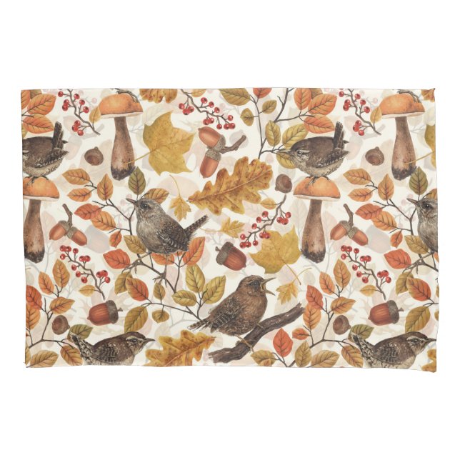 Autumn leaves, berries, mushrooms and wrens pillowcase (Front-Left)