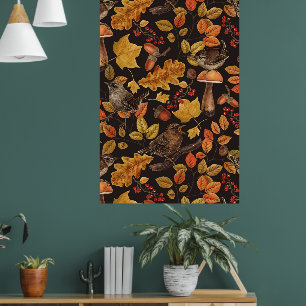 Autumn leaves, berries, mushrooms and wrens poster