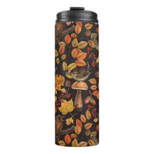 Autumn leaves, berries, mushrooms and wrens thermal tumbler