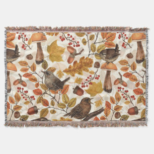 Autumn leaves, berries, mushrooms and wrens throw blanket