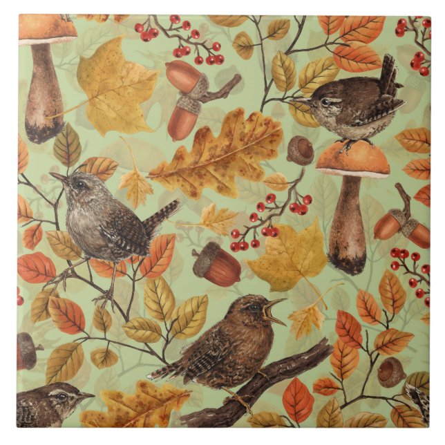 Autumn leaves, berries, mushrooms and wrens tile (Front)