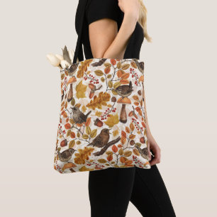 Autumn leaves, berries, mushrooms and wrens tote bag