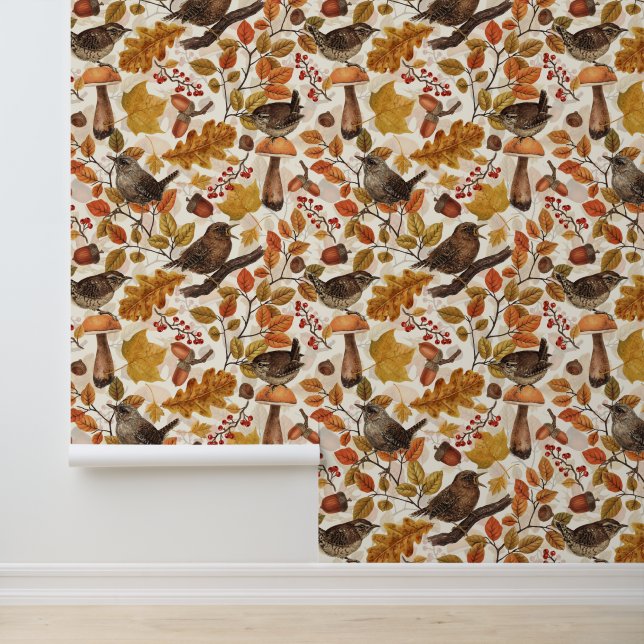 Autumn leaves, berries, mushrooms and wrens wallpaper (Application)