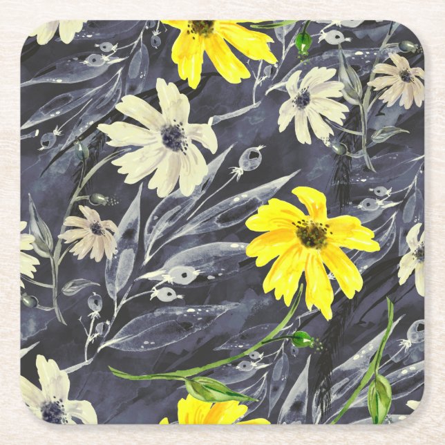 Autumn leaves, berries: watercolor pattern. square paper coaster (Front)