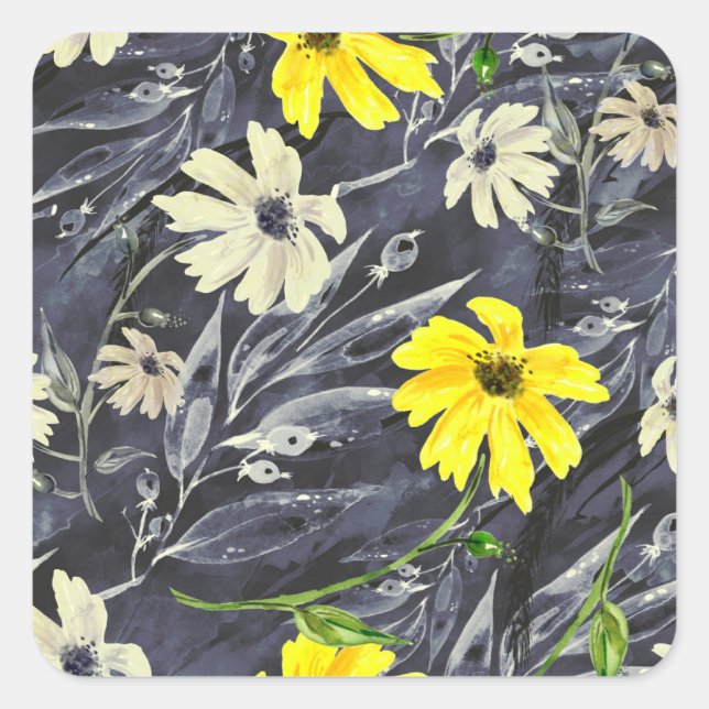 Autumn leaves, berries: watercolor pattern. square sticker (Front)