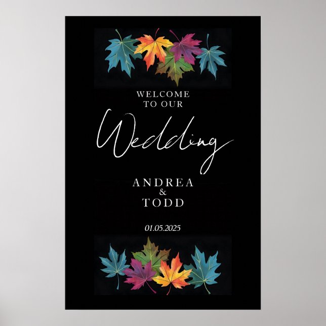 Autumn leaves black contrast wedding welcome poster (Front)
