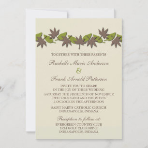 Autumn Leaves Border Wedding Invite, Brown/Green Invitation