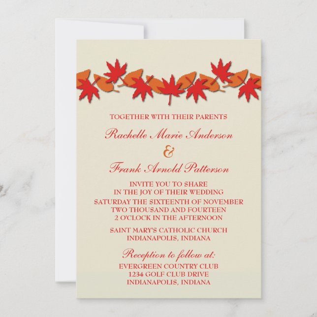 Autumn Leaves Border Wedding Invite, Red/Orange Invitation (Front)