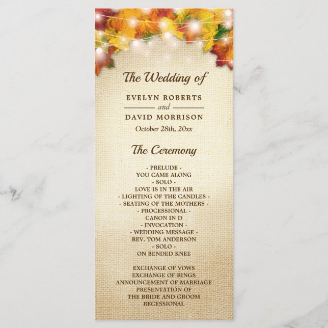 Autumn Leaves Burlap String Lights Wedding Program (Front)