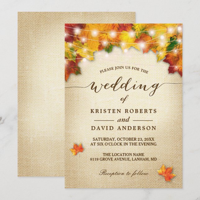 Autumn Leaves Burlap Twinkle Lights Fall Wedding Invitation (Front/Back)