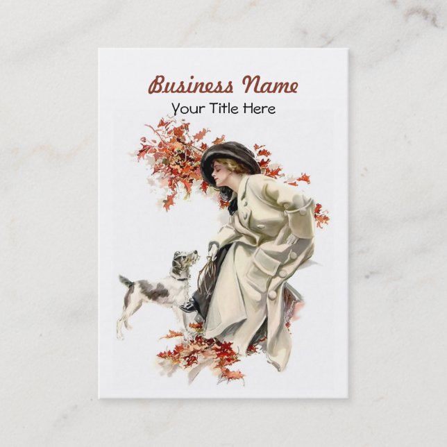 Autumn Leaves Business Card Lady and Dog (Front)