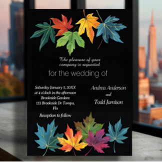 Autumn leaves contrast black wedding invitation