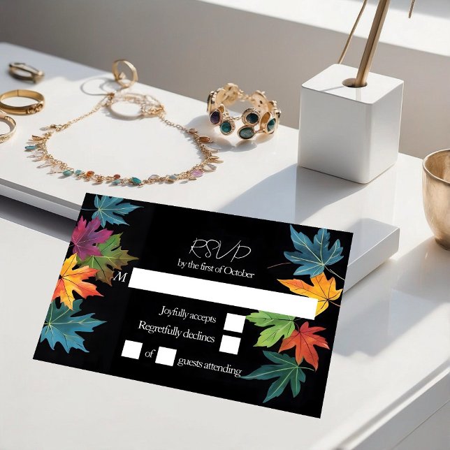 Autumn leaves contrast black wedding RSVP card (Creator Uploaded)
