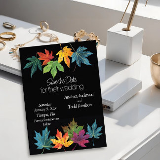 Autumn leaves contrast black wedding save the date