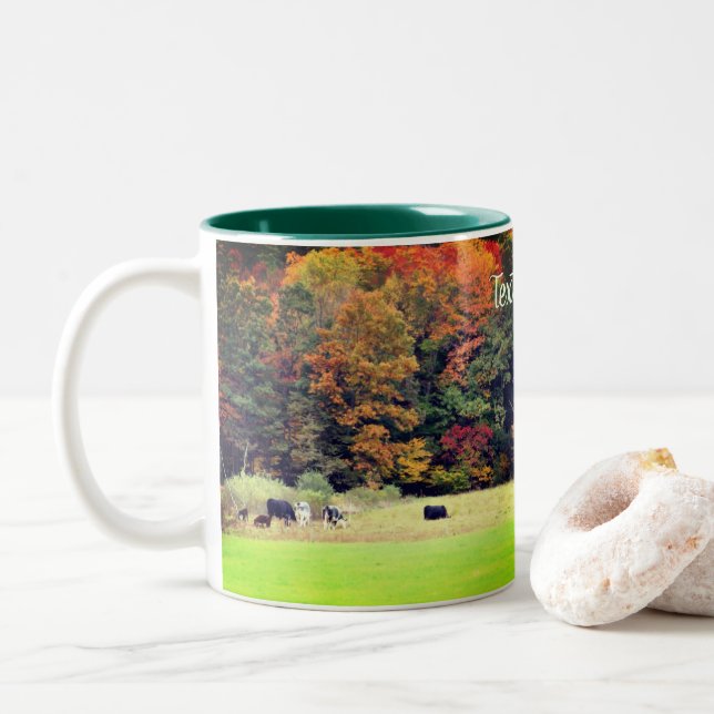 Autumn Leaves Cow Field Nature Personalized Two-Tone Coffee Mug (With Donut)