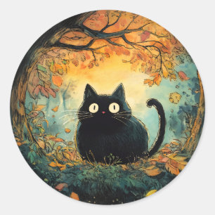 Autumn leaves cozy fall black cat in the magic for classic round sticker