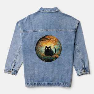 Autumn leaves cozy fall black cat in the magic for denim jacket