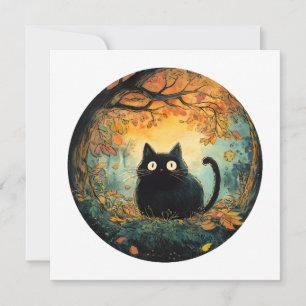 Autumn leaves cozy fall black cat in the magic for invitation
