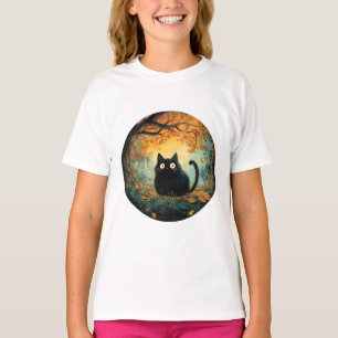 Autumn leaves cozy fall black cat in the magic for T-Shirt