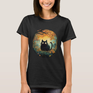 Autumn leaves cozy fall black cat in the magic for T-Shirt