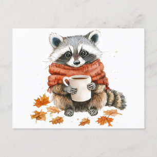 Autumn leaves cozy fall raccoon with cup of coffee invitation postcard