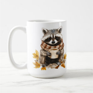 Autumn leaves cozy raccoon with cup of coffee