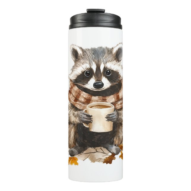 Autumn leaves cozy raccoon with cup of coffee (Front)