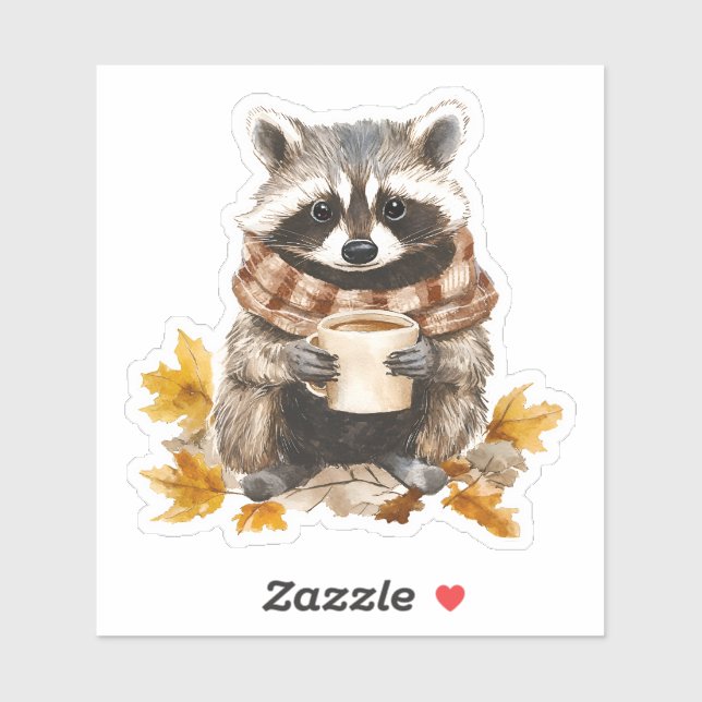 Autumn leaves cozy raccoon with cup of coffee (Sheet)